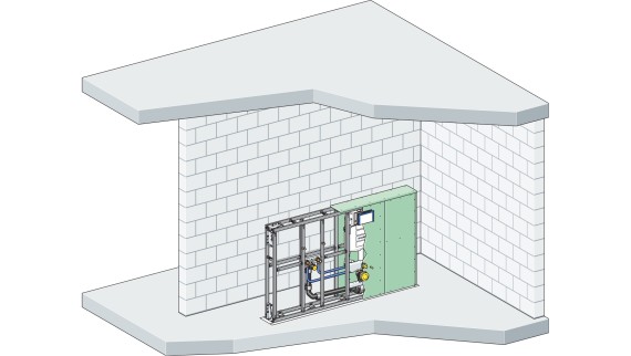 Exemplarischer Aufbau einer freistehenden Installationswand (Insel) mit dem Geberit GIS Installationssystem