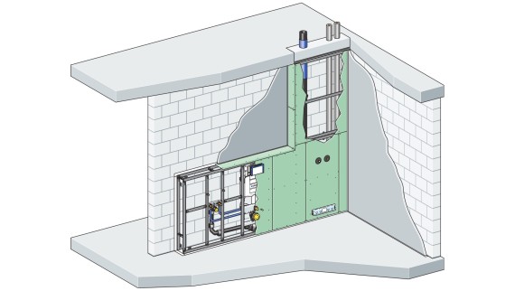 Exemplarischer Aufbau einer Vorwandinstallation mit dem Geberit GIS Installationssystem vor einer massiven Trennwand