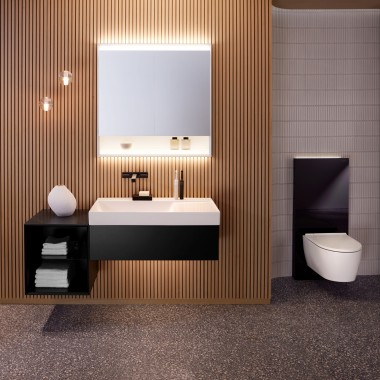 Möbelwaschtisch mit offenem Seitenelement – Trendfarbe schwarz matt Möbelwaschtisch mit offenem Seitenelement – Trendfarbe schwarz matt