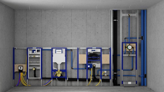 Installationswand mit Geberit Duofix Elementen für Urinal, WC, Waschtisch und Dusche Installationswand mit Geberit Duofix Elementen für Urinal, WC, Waschtisch und Dusche
