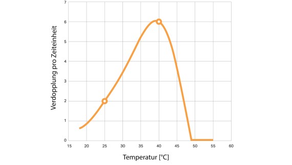 Die Grafik zeigt, wie sich die Legionellenzahl pro Tag verdoppelt. Die Messungen wurden in einer im Vergleich zu normalem Trinkwasser nährstoffreichen Umgebung durchgeführt.