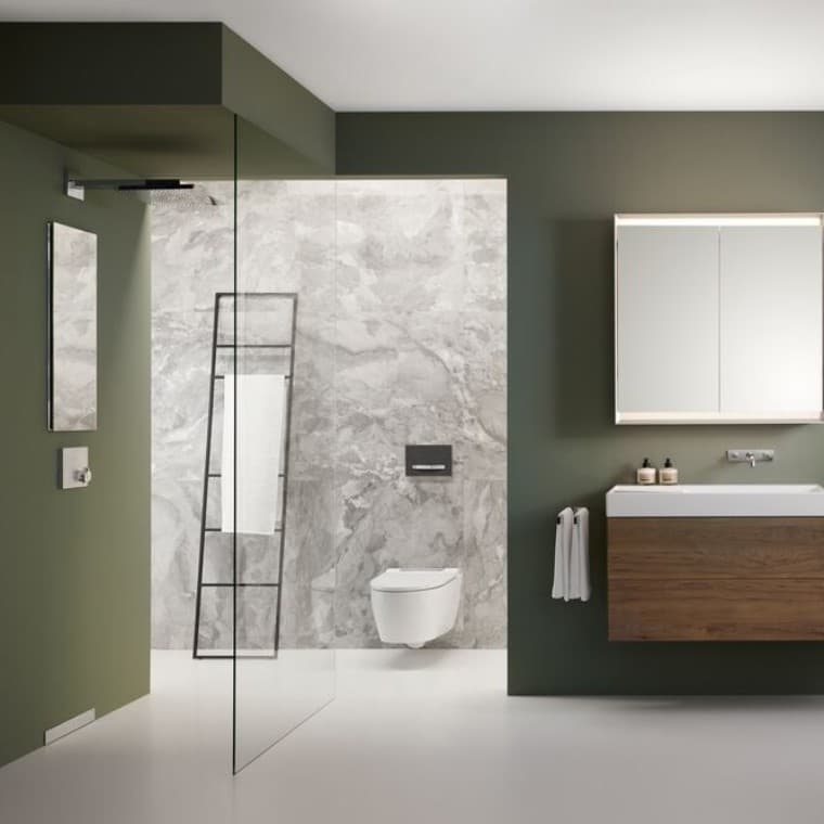 Ein luxuriöses Badezimmer mit einer begehbaren Dusche Ein luxuriöses Badezimmer mit einer begehbaren Dusche