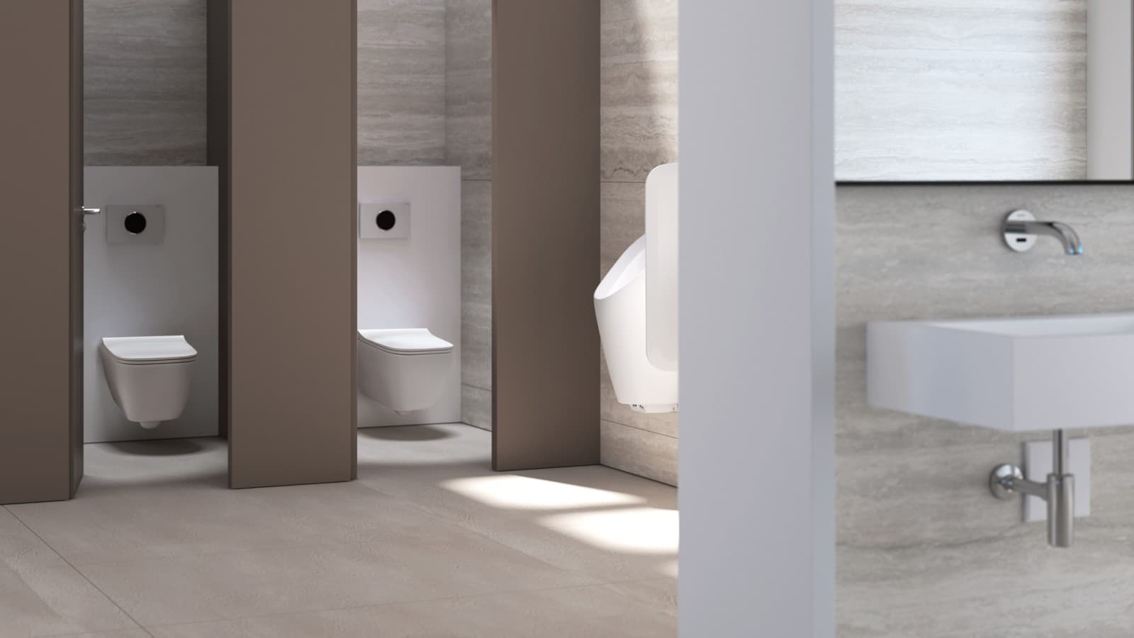 Berührungslose Spülauslösung Geberit Sigma10 im öffentlichen Sanitärbereich Berührungslose Spülauslösung Geberit Sigma10 im öffentlichen Sanitärbereich