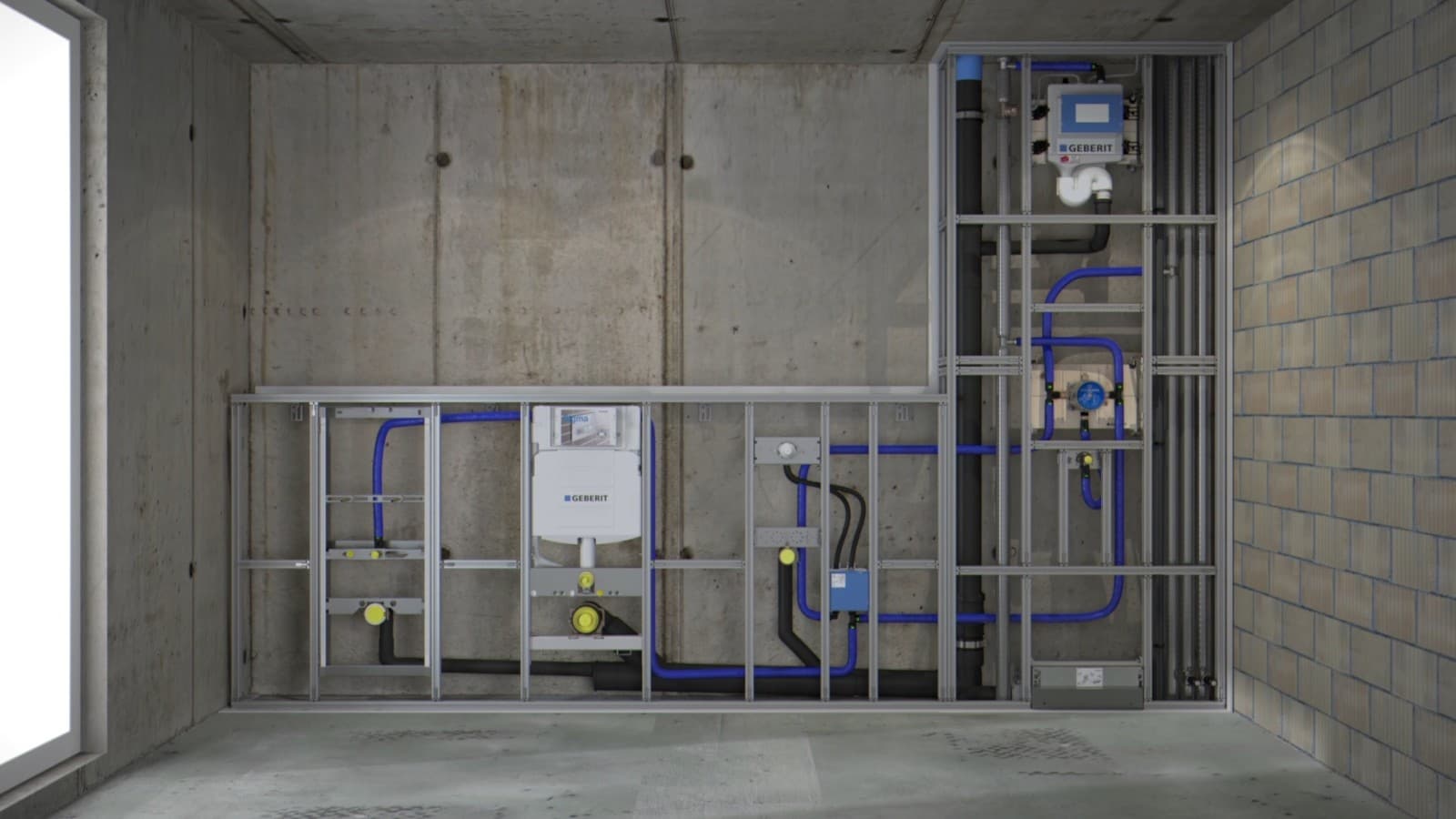 Badezimmer im Rohbau; Geberit Duofix Installationssystem für Urinal, Waschtisch, WC, Wandablauf Badezimmer im Rohbau; Geberit Duofix Installationssystem für Urinal, Waschtisch, WC, Wandablauf