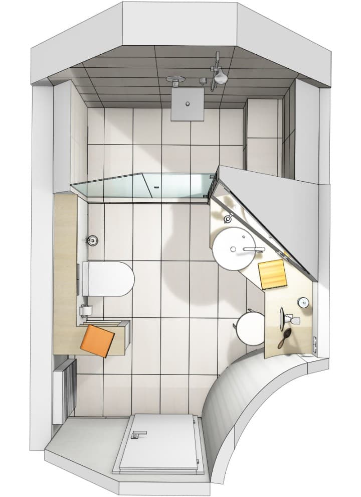 Grundriss eines Badezimmers mit zwei Dachschrägen Grundriss eines Badezimmers mit zwei Dachschrägen
