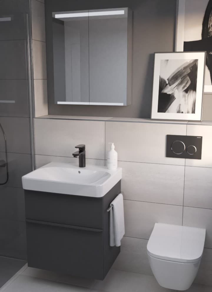 Geberit Smyle Waschtisch mit Unterschrank und Wand-WC Smyle eckig mit Betätigungsplatte Sigma20 Geberit Smyle Waschtisch mit Unterschrank und Wand-WC Smyle eckig mit Betätigungsplatte Sigma20