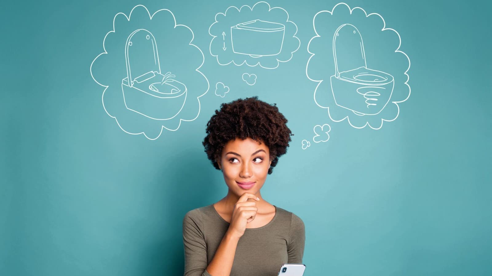 Frau in Gedanken bei ihrem Wunsch-WC Frau in Gedanken bei ihrem Wunsch-WC