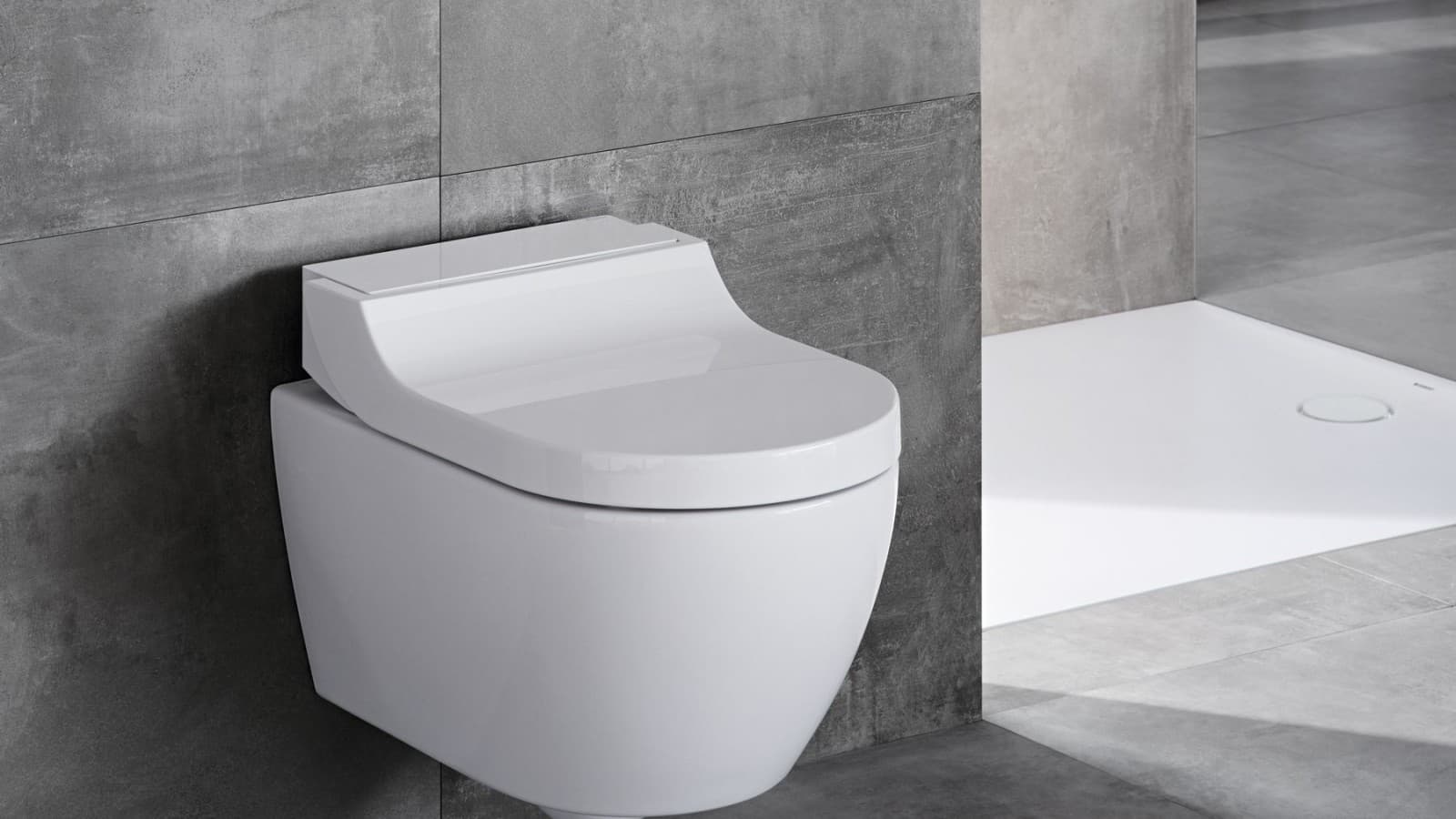 Dusch-WC Geberit AquaClean Tuma Classic in einem grauen Badezimmer Dusch-WC Geberit AquaClean Tuma Classic in einem grauen Badezimmer